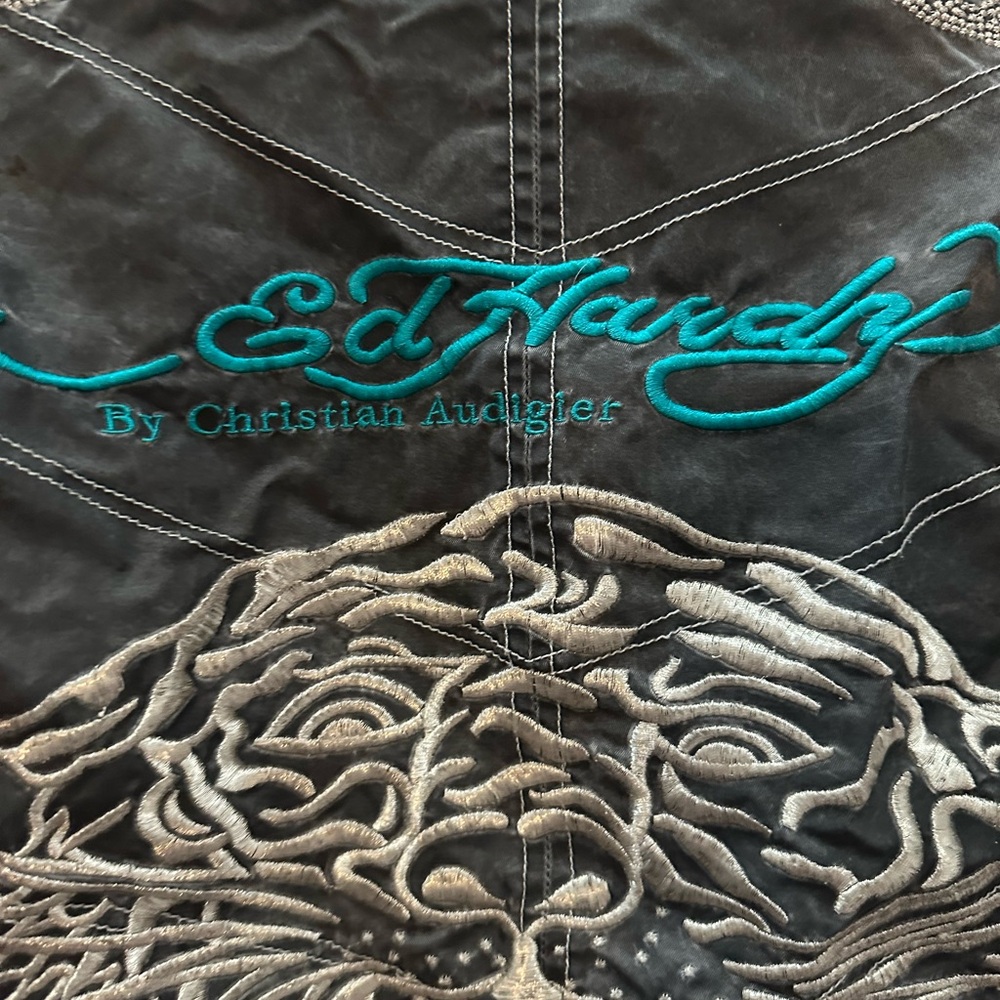 Ed Hardy Dark Grey Moto Jacket with Tiger Embroidery Y2K Biker Grunge Alt - Picture 10 of 10